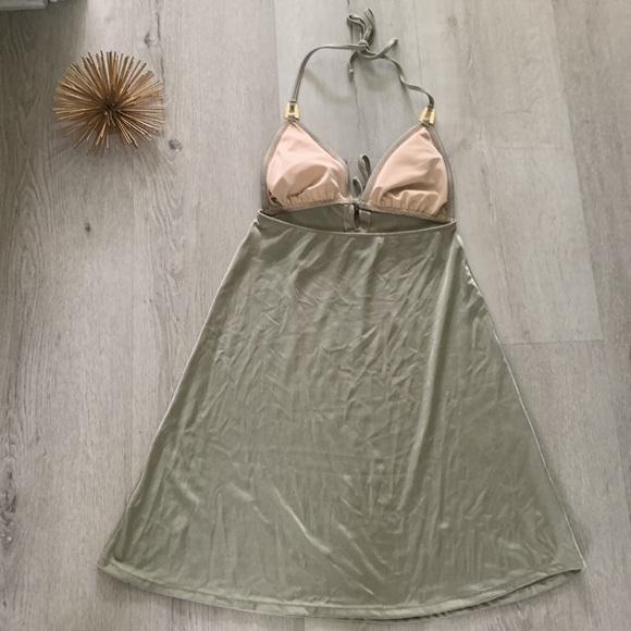 Badgley Mischka one piece swimsuit‎ dress beach rhinestone shimmer sage green M - Picture 9 of 12